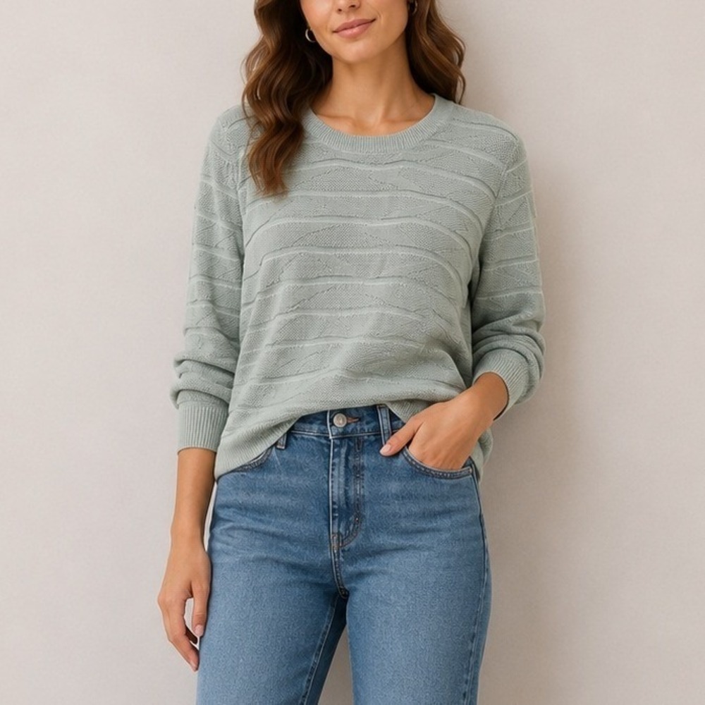 Amour Vert Organic Cotton Light Green Textured Sweater 3/4 Sleeve | Size S